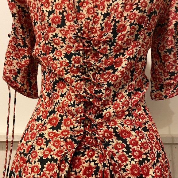 Free People Small Black Lace-up Mini Dress With Red Floral Pattern - Picture 4 of 16